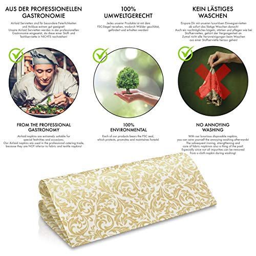 GRUBly Napkins GOLD | Ornamental cloth-like party serviettes | Perfect for Special Occasions; Dinner, Wedding, Birthday, BBQ | Eco Friendly Napkins | AIRLAID QUALITY | 40 x 40cm | Pack of 50