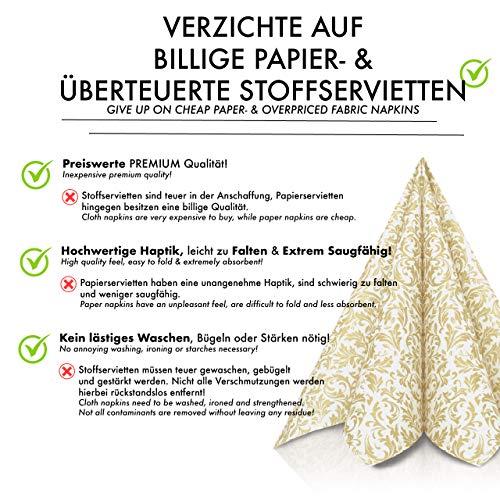 GRUBly Napkins GOLD | Ornamental cloth-like party serviettes | Perfect for Special Occasions; Dinner, Wedding, Birthday, BBQ | Eco Friendly Napkins | AIRLAID QUALITY | 40 x 40cm | Pack of 50