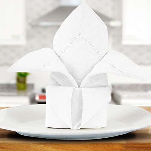 Sweet Needle Linen Cotton Cloth Napkins Set of 12 with Hemstitch White colour -50x50 cm, Finest Blend of European Flax with Organic Cotton is Ideal for Kitchen decor, Christmas, Bar and Restaurants