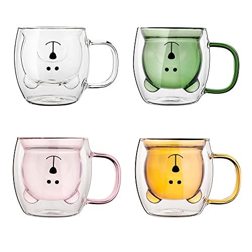 4 Pieces Family Pack Cute Bear Mugs Cute Bear Tea Cup 8.5 oz Double Wall Glass Milk Coffee Bear Mug with Handle Insulated Espresso Beer Cup Cute Birthday Gifts for Office Home (White Pink Green Brown)