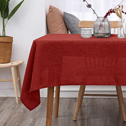 Deconovo Christmas Table Cloth 54x79in(137x200cm) Faux Linen Water Resistant Tablecloth Rectangular Table Cloth for Wedding Red