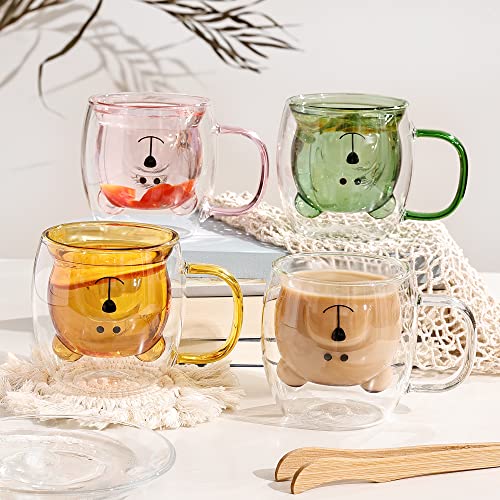 4 Pieces Family Pack Cute Bear Mugs Cute Bear Tea Cup 8.5 oz Double Wall Glass Milk Coffee Bear Mug with Handle Insulated Espresso Beer Cup Cute Birthday Gifts for Office Home (White Pink Green Brown)