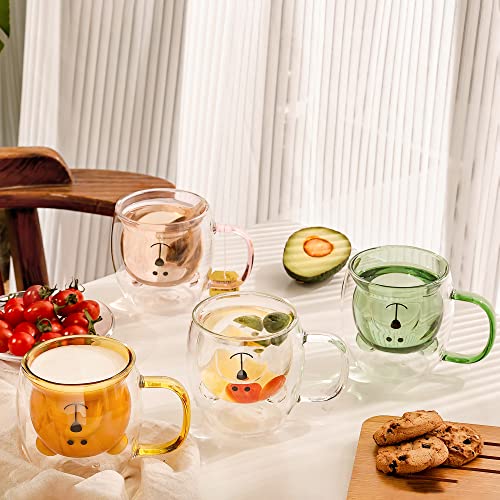 4 Pieces Family Pack Cute Bear Mugs Cute Bear Tea Cup 8.5 oz Double Wall Glass Milk Coffee Bear Mug with Handle Insulated Espresso Beer Cup Cute Birthday Gifts for Office Home (White Pink Green Brown)