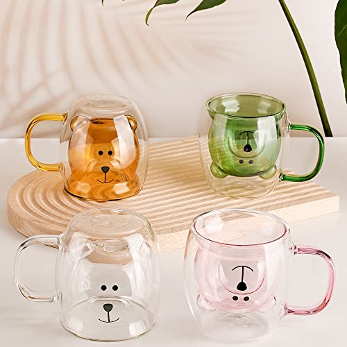 4 Pieces Family Pack Cute Bear Mugs Cute Bear Tea Cup 8.5 oz Double Wall Glass Milk Coffee Bear Mug with Handle Insulated Espresso Beer Cup Cute Birthday Gifts for Office Home (White Pink Green Brown)