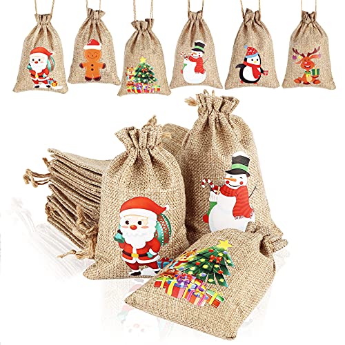 AUERVO 24pcs Christmas Jute Burlap Bags, Xmas Jute Linen Burlap Drawstring Gift Candy Pouch Snack Sack Craft Goodie Bags for kids Xmas Party Favors