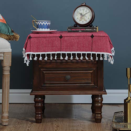 LUCKYHOUSEHOME Christmas Wine Red Cotton Linen Lattice Small Square Tablecloth Embroidery Tassel Table Cover for Home Dinning Tabletop 24x24 Inch(60x60cm)