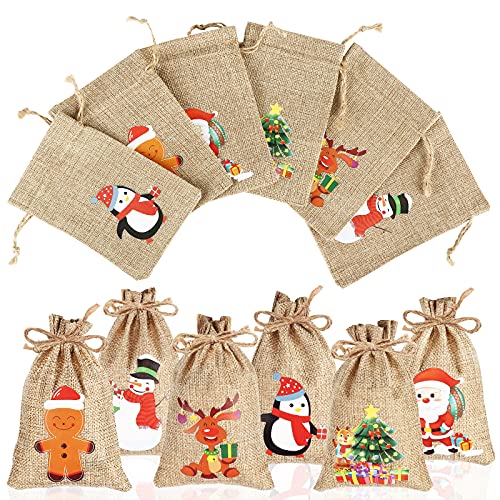 AUERVO 24pcs Christmas Jute Burlap Bags, Xmas Jute Linen Burlap Drawstring Gift Candy Pouch Snack Sack Craft Goodie Bags for kids Xmas Party Favors