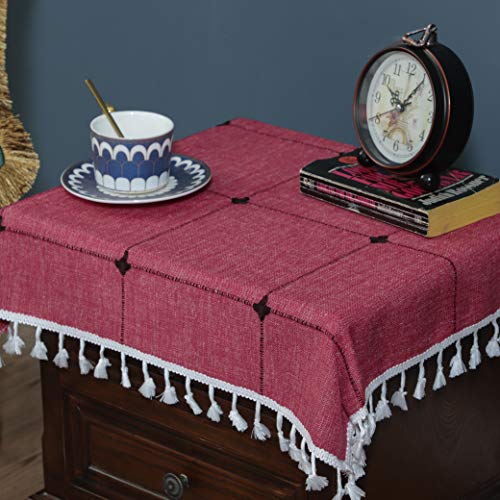 LUCKYHOUSEHOME Christmas Wine Red Cotton Linen Lattice Small Square Tablecloth Embroidery Tassel Table Cover for Home Dinning Tabletop 24x24 Inch(60x60cm)