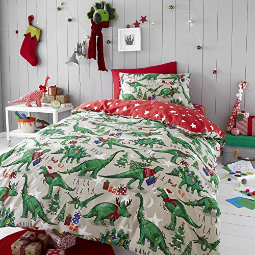 Happy Linen Company Girls Boys Kids Christmas Dinosaur Glow In The Dark Taupe Natural Single Reversible Duvet Cover Bedding Set