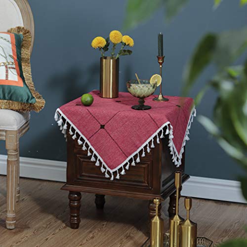 LUCKYHOUSEHOME Christmas Wine Red Cotton Linen Lattice Small Square Tablecloth Embroidery Tassel Table Cover for Home Dinning Tabletop 24x24 Inch(60x60cm)