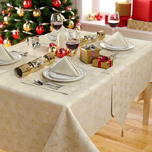 Celebright Christmas Pack of 4 Napkins - Square 17 x 17 inches (43 x 43 cm) - Ideal Xmas Dinner Table Decorative Settings - Embossed Metallic Deer Design - Cream & Metallic Gold