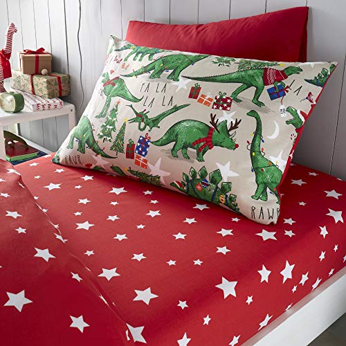 Happy Linen Company Girls Boys Kids Christmas Dinosaur Glow In The Dark Taupe Natural Single Reversible Duvet Cover Bedding Set