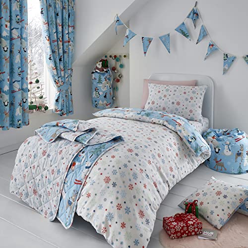 Happy Linen Company Girls Boys Kids Festive Arctic Snow Friends Blue Single Reversible Duvet Cover Bedding Set