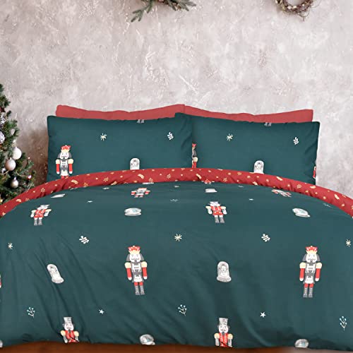 Sleepdown Xmas Nutcracker Green Wine Festive Reversible Duvet Cover Quilt Bedding Set with Pillowcase Soft Easy Care Bed Linen - Single (135cm x 200cm)