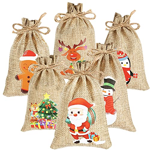 AUERVO 24pcs Christmas Jute Burlap Bags, Xmas Jute Linen Burlap Drawstring Gift Candy Pouch Snack Sack Craft Goodie Bags for kids Xmas Party Favors