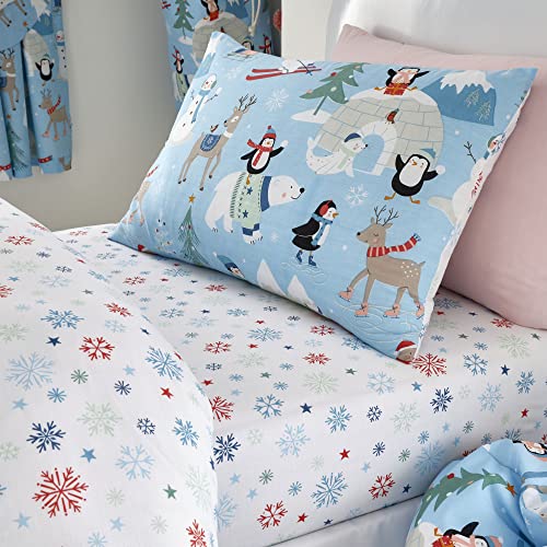 Happy Linen Company Girls Boys Kids Festive Arctic Snow Friends Blue Single Reversible Duvet Cover Bedding Set