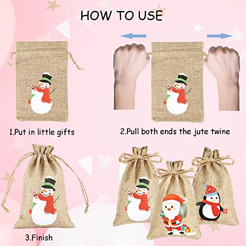 AUERVO 24pcs Christmas Jute Burlap Bags, Xmas Jute Linen Burlap Drawstring Gift Candy Pouch Snack Sack Craft Goodie Bags for kids Xmas Party Favors