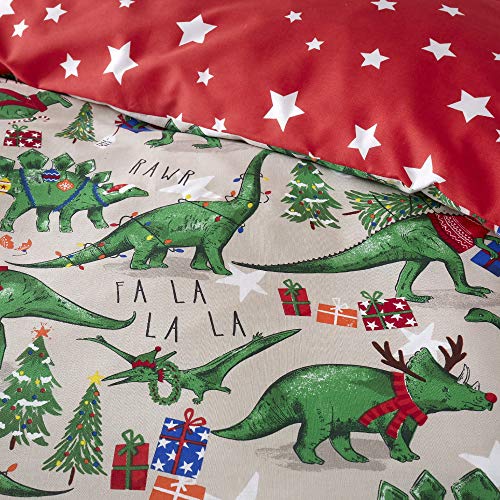 Happy Linen Company Girls Boys Kids Christmas Dinosaur Glow In The Dark Taupe Natural Single Reversible Duvet Cover Bedding Set
