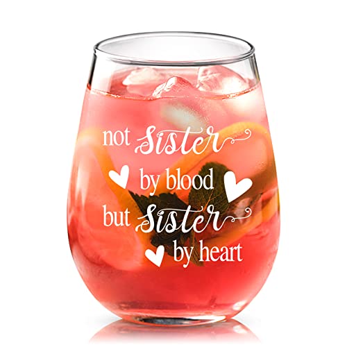 Joymaking Sister Gifts Best Friend Birthday Gifts for Women - Not Sister by Blood but Sister by Heart, 15 oz Stemless Wine Glass Friendship Gifts for Women Colleagues Friends Birthday Christmas