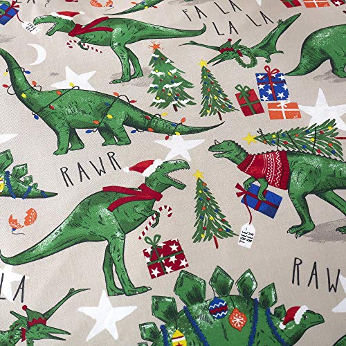 Happy Linen Company Girls Boys Kids Christmas Dinosaur Glow In The Dark Taupe Natural Single Reversible Duvet Cover Bedding Set
