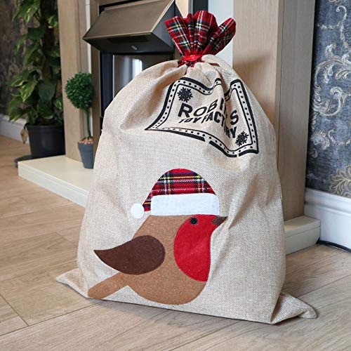 SHATCHI Large Santa Sack Stocking Printed Pattern Burlap Hessian Linen Xmas Sock Christmas Hanging Gift Bags Home Decorations Robin, 70x50cm