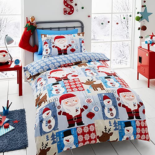 Happy Linen Company Boys Girls Kids Christmas Santa Patchwork Blue Single Reversible Duvet Cover Bedding Set