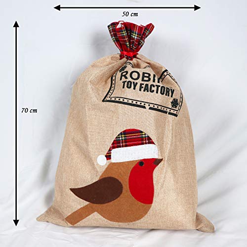 SHATCHI Large Santa Sack Stocking Printed Pattern Burlap Hessian Linen Xmas Sock Christmas Hanging Gift Bags Home Decorations Robin, 70x50cm