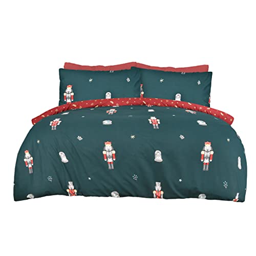 Sleepdown Xmas Nutcracker Green Wine Festive Reversible Duvet Cover Quilt Bedding Set with Pillowcase Soft Easy Care Bed Linen - Single (135cm x 200cm)