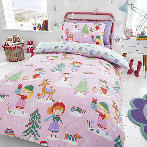 Happy Linen Company Kids Girls Festive Christmas Tree Ice Skating Sausage Dog Pink Single Reversible Duvet Cover Bedding Set