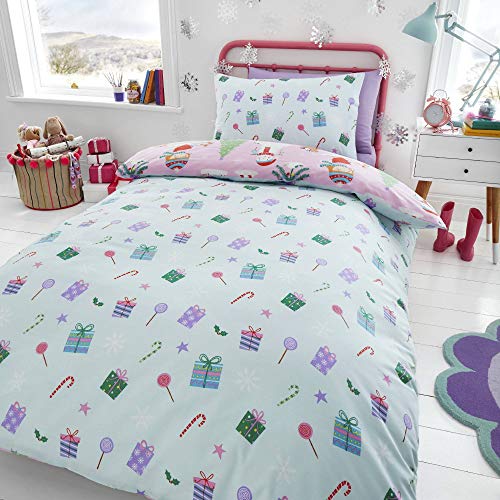 Happy Linen Company Kids Girls Festive Christmas Tree Ice Skating Sausage Dog Pink Single Reversible Duvet Cover Bedding Set