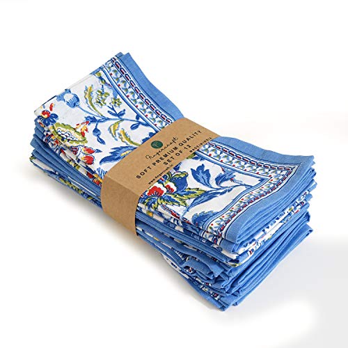 Cloth Napkins Set of 12 Cotton Linen Blend Printed Dinner Napkins Perfect for Parties Dinners Weddings Cocktail Christmas Napkins Cloth (Blue Floral)