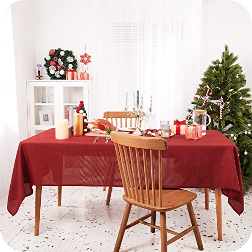 Amazon Brand - Umi Christmas Wipeable Faux Linen Water Resistant Tablecloth Rectangular Table Cover for Dining Room 137x200cm Red