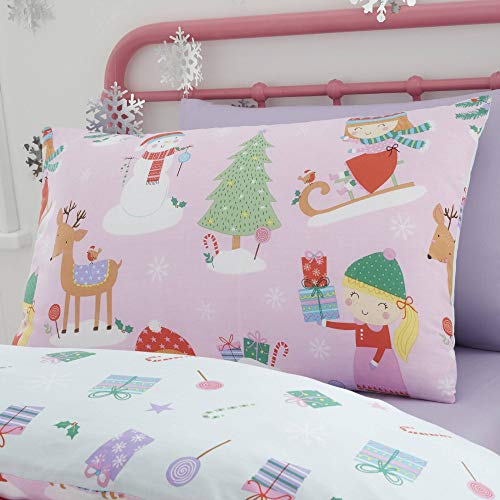 Happy Linen Company Kids Girls Festive Christmas Tree Ice Skating Sausage Dog Pink Single Reversible Duvet Cover Bedding Set