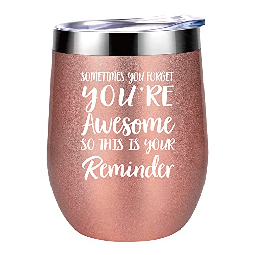 Stainless Steel Insulated Wine Tumbler with Lid, You are Awesome 12 Oz, Birthday/Thank You Gifts for Women, Best Friends, Employee, Coworker, Appreciation Gift, Rose Gold