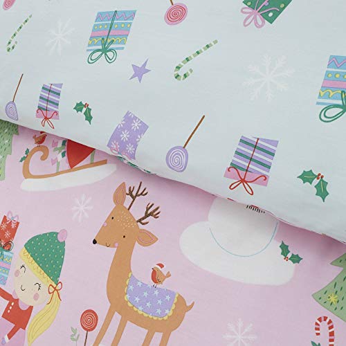 Happy Linen Company Kids Girls Festive Christmas Tree Ice Skating Sausage Dog Pink Single Reversible Duvet Cover Bedding Set