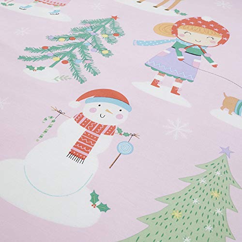 Happy Linen Company Kids Girls Festive Christmas Tree Ice Skating Sausage Dog Pink Single Reversible Duvet Cover Bedding Set