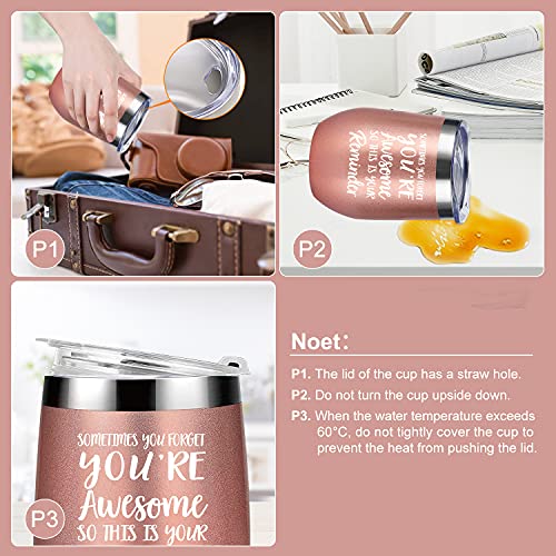 Stainless Steel Insulated Wine Tumbler with Lid, You are Awesome 12 Oz, Birthday/Thank You Gifts for Women, Best Friends, Employee, Coworker, Appreciation Gift, Rose Gold