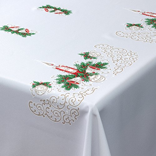 MforStyle Christmas Tablecloth White Xmas candle Red Gold Green Pattern Oblong Rectangle Small Medium or Large (57" x 87" (145cm x 220cm)