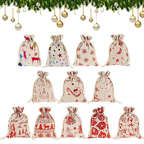 Feliciay 24 Pcs Drawstring Gift Bags Sacks Jute Jewelry Present Pouches Color Print Linen Burlap Bag Christmas Treat for Party Favors Bronzing Pouch Candy Goody Wrapper Birthday Favor Supplies
