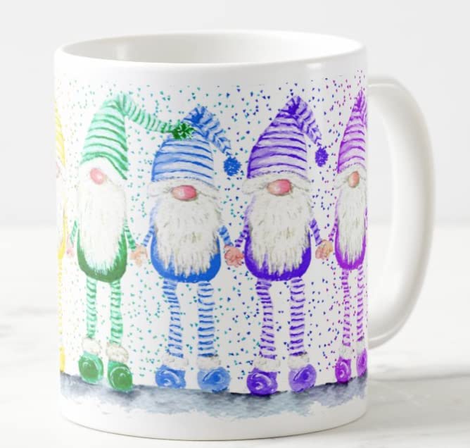 Vixar Rainbow Gonk Watercolour Art Coloured Mug Cup Gift Birthday Work Office Christmas Tea Coffee (White)