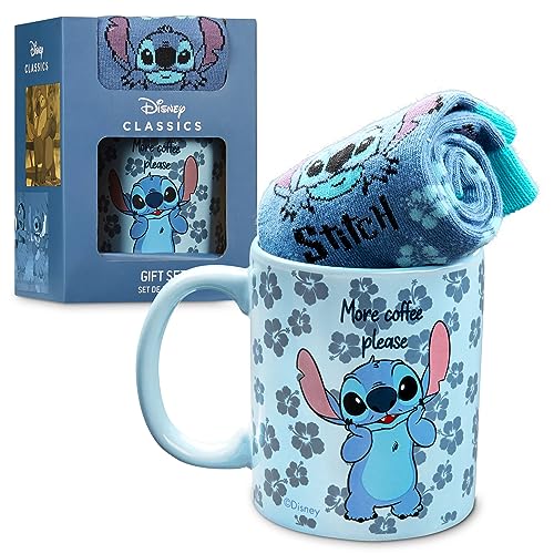 Disney Stitch Mug and Socks Set for Women and Teens, Size UK 3-6.5 Women Socks and Mug Gift Set for Kids and Adults, (Blue Stitch)
