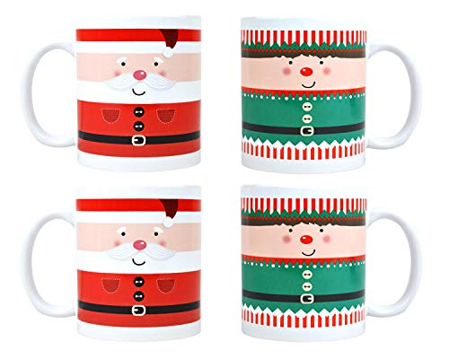 YöL 4 Coffee Mugs Tea Cups Christmas Santa Elf Novelty Set Funny Festive Porcelain
