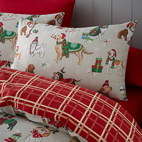 Happy Linen Company Christmas Dogs Taupe Natural King Reversible Duvet Cover Bedding Set