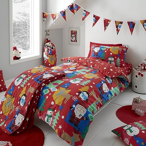 Happy Linen Company Girls Boys Kids Jolly Christmas Xmas Santa Red Single Reversible Soft Easy Care Bed Linen Duvet Cover Quilt Bedding Set With Pillow Case