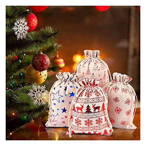 Feliciay 24 Pcs Drawstring Gift Bags Sacks Jute Jewelry Present Pouches Color Print Linen Burlap Bag Christmas Treat for Party Favors Bronzing Pouch Candy Goody Wrapper Birthday Favor Supplies