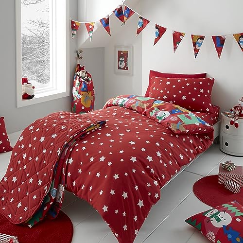 Happy Linen Company Girls Boys Kids Jolly Christmas Xmas Santa Red Single Reversible Soft Easy Care Bed Linen Duvet Cover Quilt Bedding Set With Pillow Case