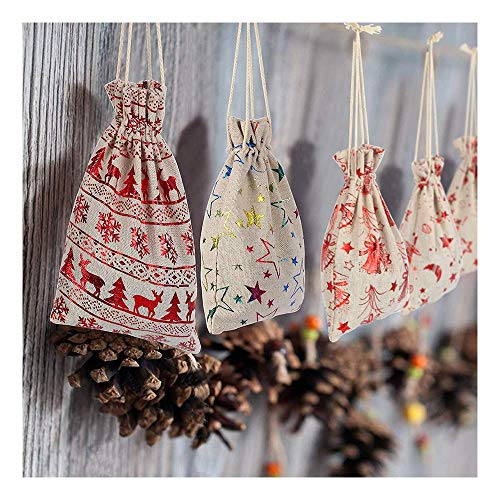 Feliciay 24 Pcs Drawstring Gift Bags Sacks Jute Jewelry Present Pouches Color Print Linen Burlap Bag Christmas Treat for Party Favors Bronzing Pouch Candy Goody Wrapper Birthday Favor Supplies