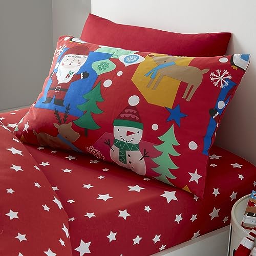 Happy Linen Company Girls Boys Kids Jolly Christmas Xmas Santa Red Single Reversible Soft Easy Care Bed Linen Duvet Cover Quilt Bedding Set With Pillow Case