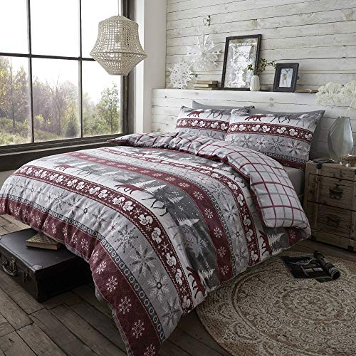 Happy Linen Company 100% Brushed Cotton Nordic Scandi Hygge Winter Warm Burgundy Double Check Reversible Duvet Cover Bedding Set
