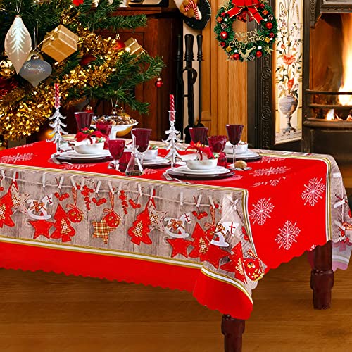 Christmas Table Cloth, Red Christmas Tablecloth Rectangular Party Table Cover Dining Tablecloths 180 x 150 cm Long, Large Washable Xmas Table Cloth and Runner for Christmas Dinner Table Decorations